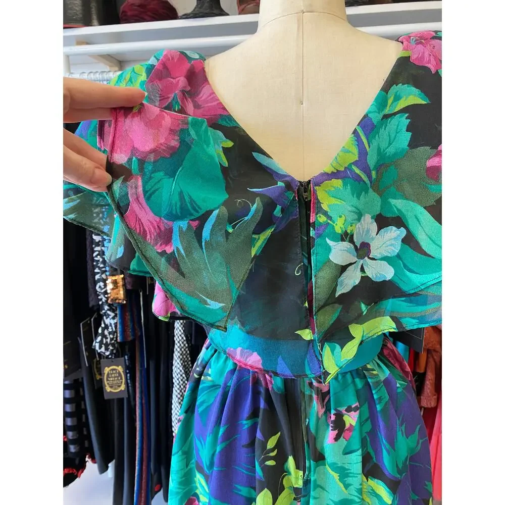vintage 1980s black floral fit and flare dress, shawl flutter sleeves full skirt - Picture 10 of 10